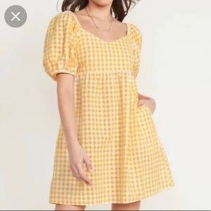 Old Navy Fit & Flare Puff Sleeve Seersucker AllDay Mini Dress Yellow Gingham XXL